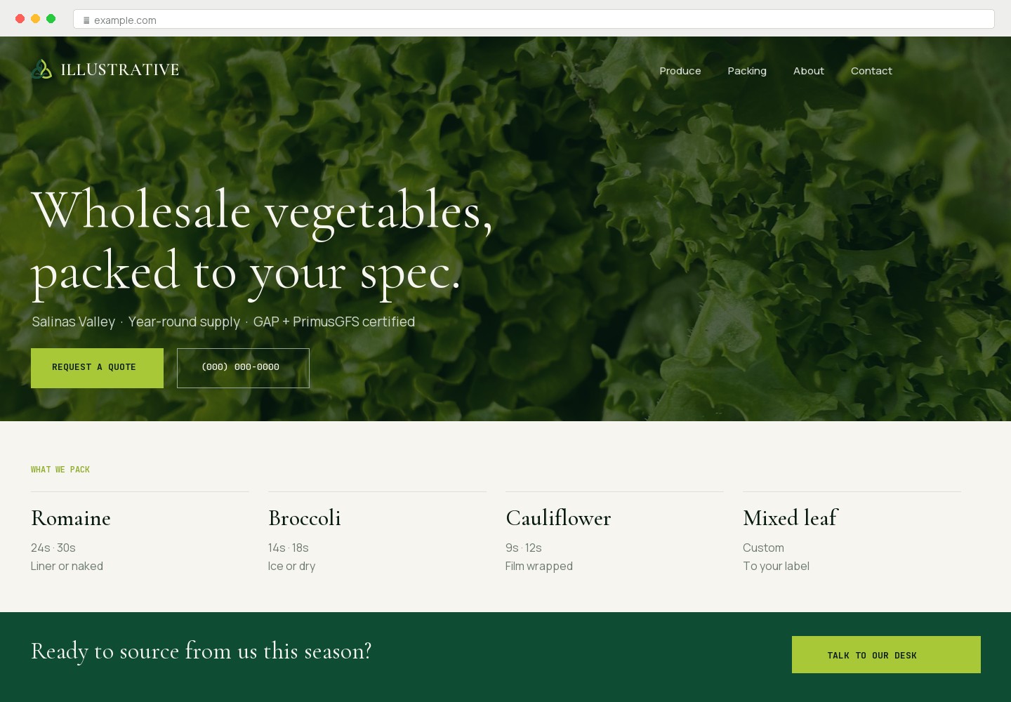 The same produce company with a modern website: full-width photography, pack sizes and certifications stated up front, and a phone number ready to tap.