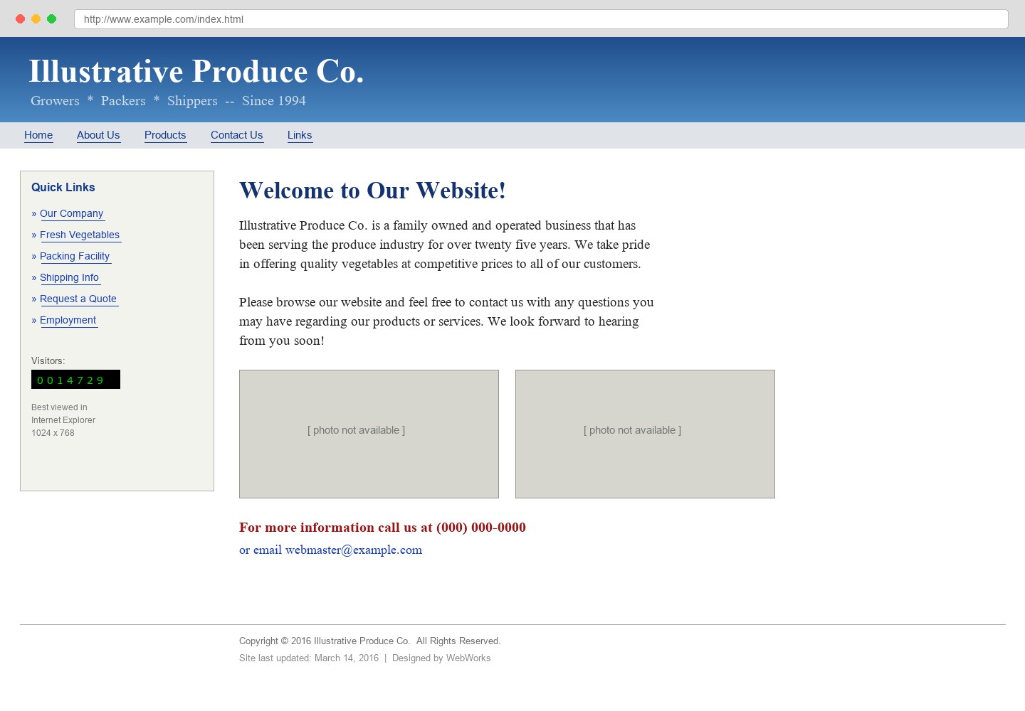 A dated produce company website with a visitor counter, missing photos and a copyright notice from 2016.